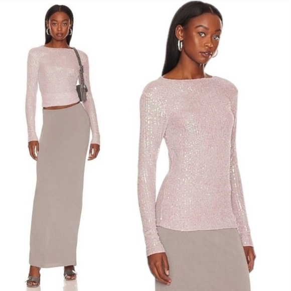 Free People Gold Rush Sequin Long Sleeve Top Champagne Float Glam Coquette Girl - Picture 1 of 9